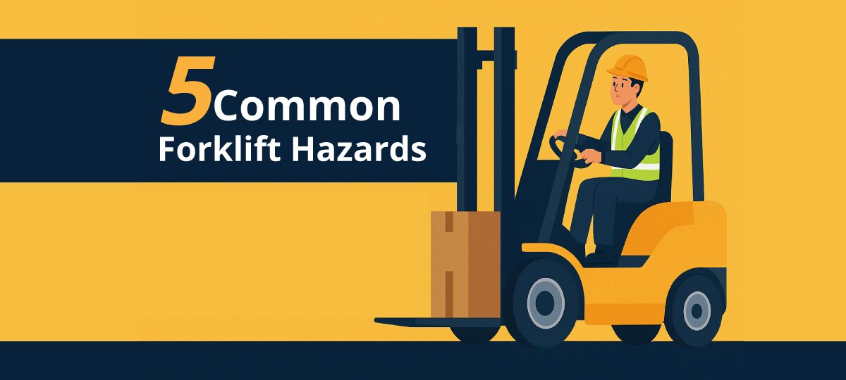 Infographic showing five common forklift hazards in a warehouse with prevention tips