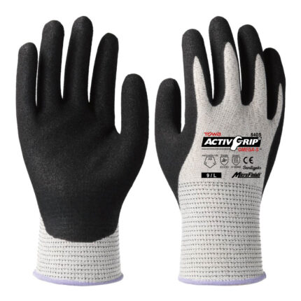 ถุงมือ Towa ActivGrip Omega-S เคลือบไนไตรล์สีดำบนถุงมือ HPPE สีเทา